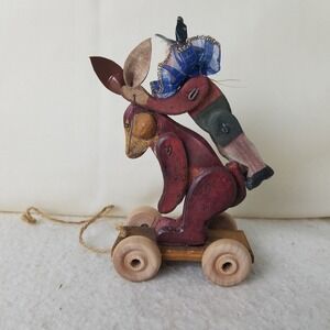 Vintage Hand Carved Wooden Toy Pull Toy Folk Art Man Rider‎ rabbit